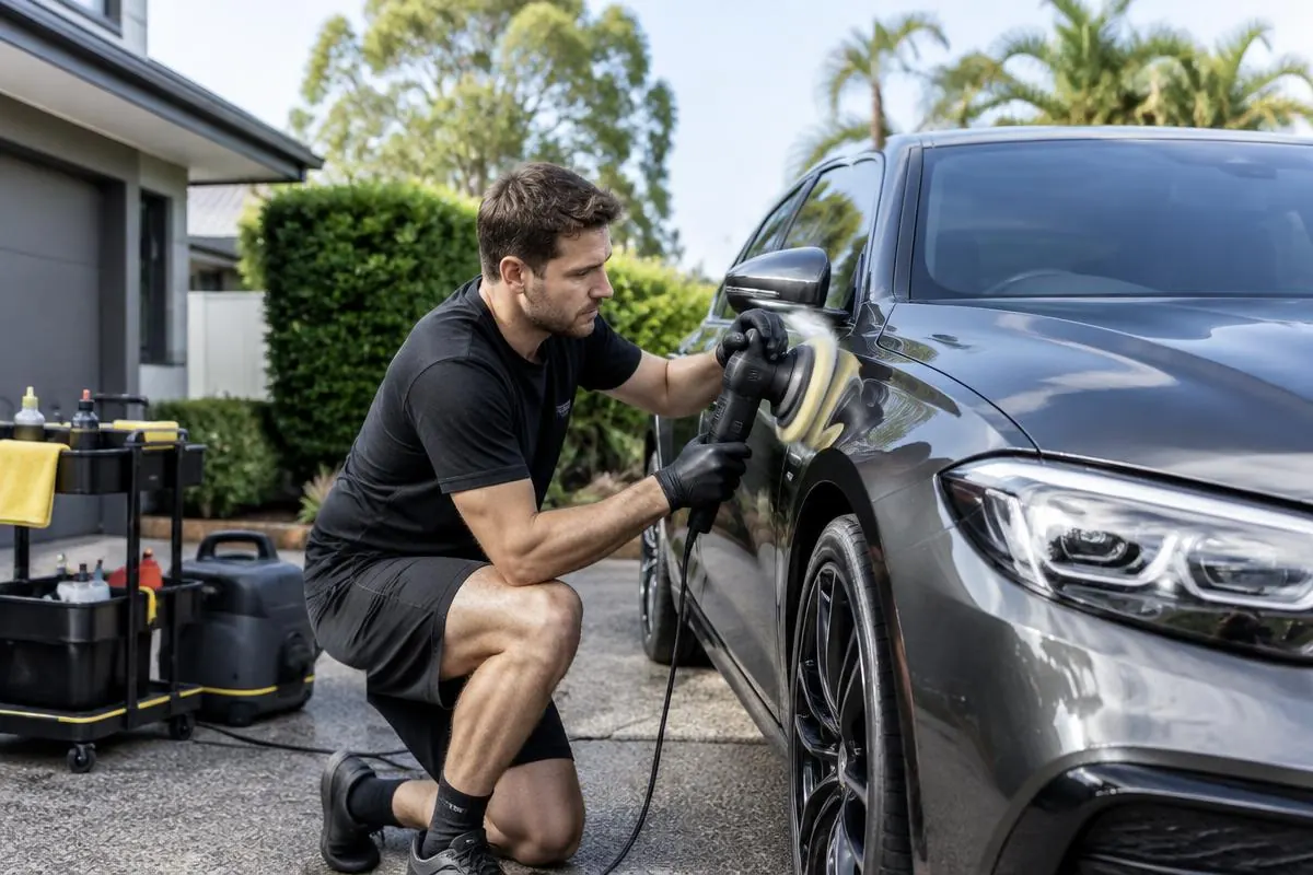 Car Detailing: Detailer polishing a car outside a home