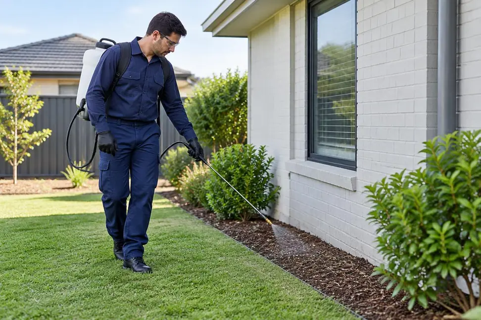 Pest Control: Pest-control technician treating the garden beside a home